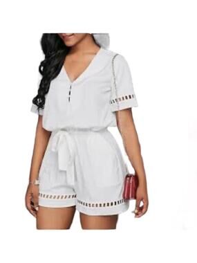 NORDSTROM FRAICHE by J White Eyelet V-Neck Short Sleeve Romper Womens Size Large